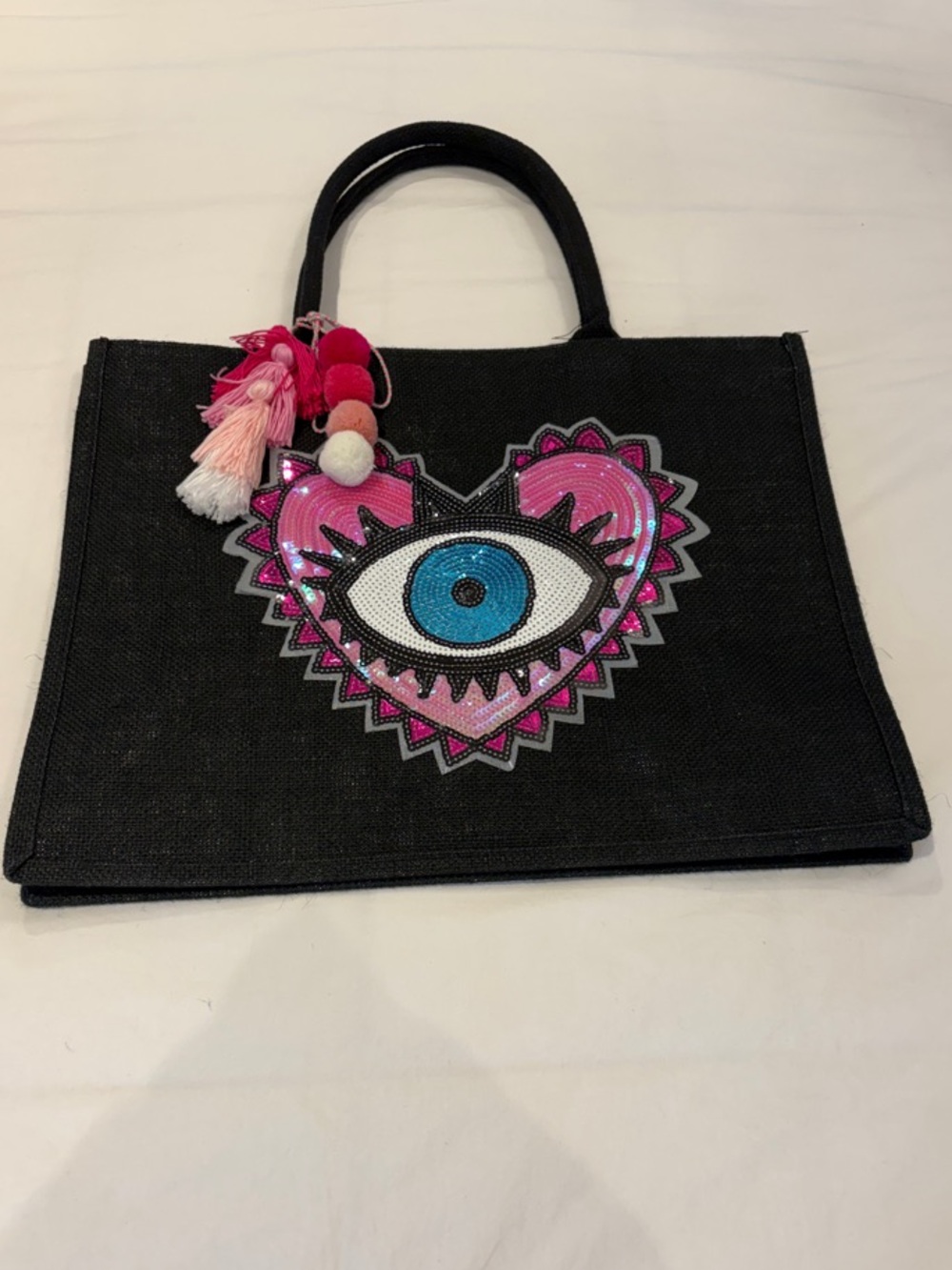 Black Beach Bag Tote with Evil Eye Pink Heart Applique and Tassel Charm